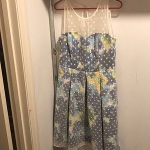 Blue green and yellow dress with mesh shoulders